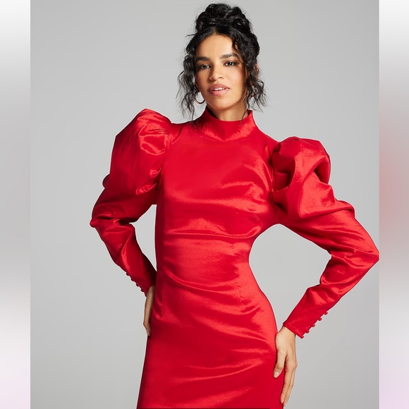 Red Puff Sleeve Mini Dress - Picture 2 of 4